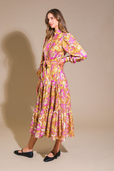 Rust, Mustard, & Pink Floral Collared Long Sleeve Midi Dress