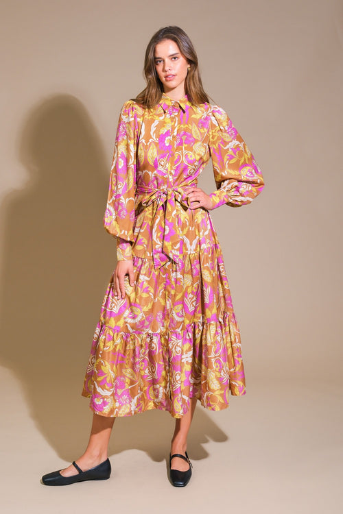 Rust, Mustard, & Pink Floral Collared Long Sleeve Midi Dress