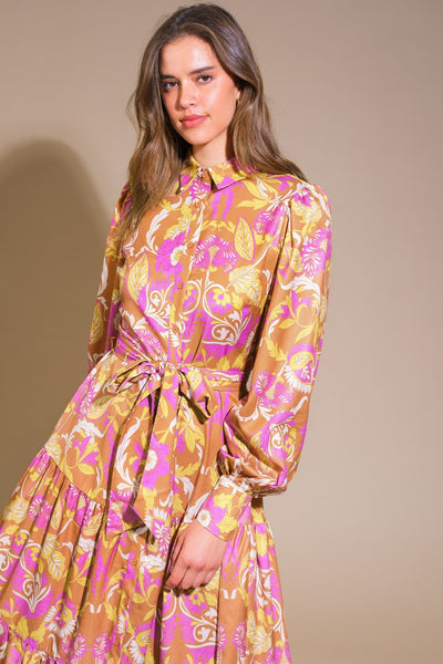 Rust, Mustard, & Pink Floral Collared Long Sleeve Midi Dress