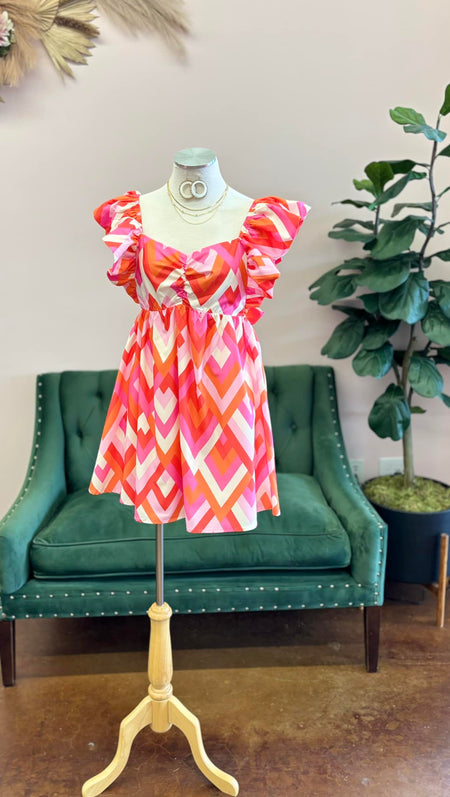 Pink Wrap V-Neck Waist Elastic Printed Mini Dress