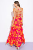 Fuchsia and Orange Palm Leaf Printed Maxi Dress