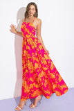 Fuchsia and Orange Palm Leaf Printed Maxi Dress