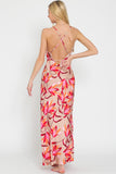 Beige and Red Floral Adjustable Strap Belted Slip Maxi Dress