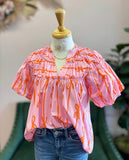 Bubblegum Pink Ribbon Print Ruffle Top