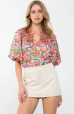 Pink Floral Puff Sleeve Smock Top