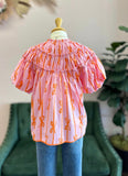 Bubblegum Pink Ribbon Print Ruffle Top