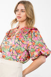 Pink Floral Puff Sleeve Smock Top