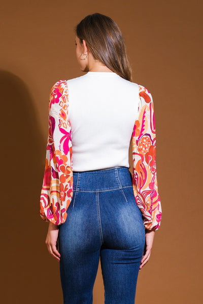 Ivory and Pink Printed Contrast Sleeve Top