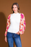 Ivory and Pink Printed Contrast Sleeve Top