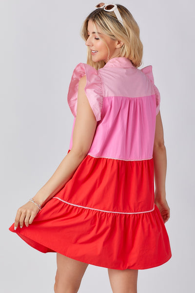 Pink Tiered Dress with Flutter Sleeve