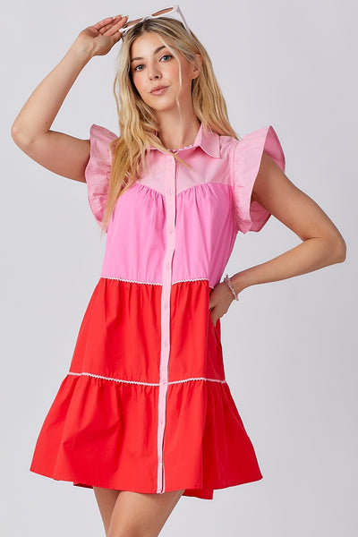 Pink Tiered Dress with Flutter Sleeve