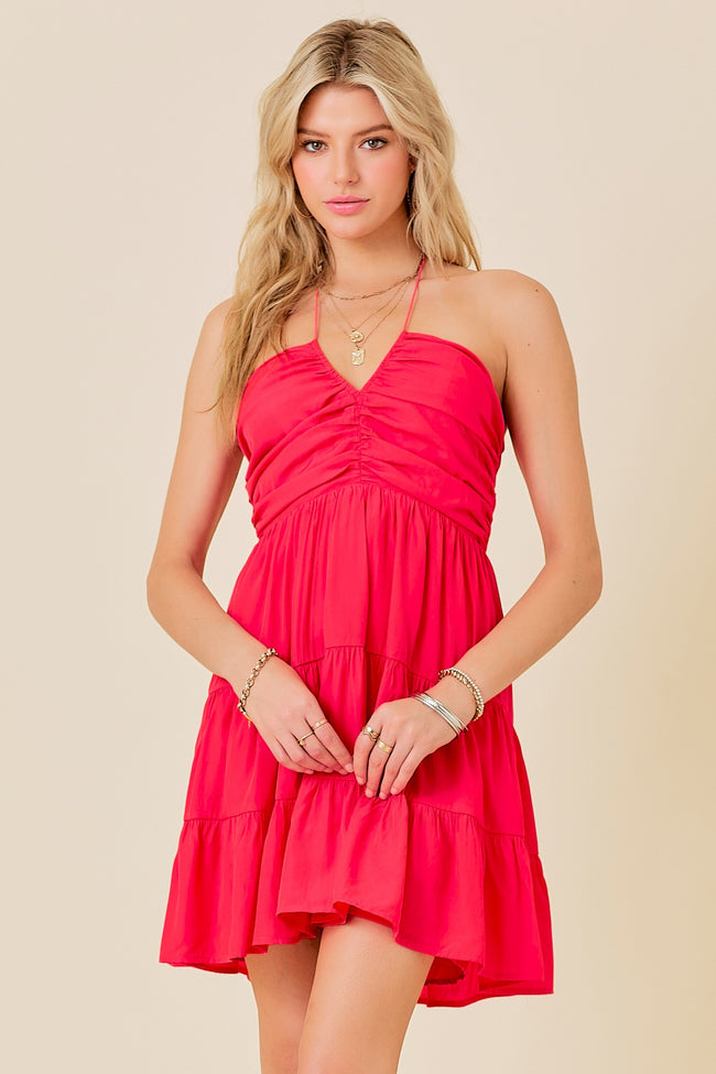 Red Ruched V Neck Detail Multi Tiered Halter Mini Dress