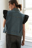 Medium Wash Denim Vest with Black Ruffle Detail