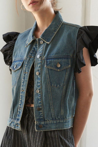 Medium Wash Denim Vest with Black Ruffle Detail