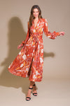 Rust and Brown Abstract Floral Long Sleeve Midi Dress