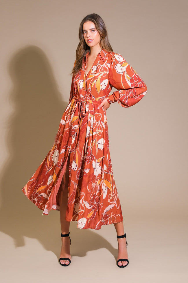 Rust and Brown Abstract Floral Long Sleeve Midi Dress