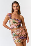 Multi Colored Zebra Print Mesh Twist One Shoulder Top & Skirt Set