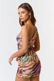 Multi Colored Zebra Print Mesh Twist One Shoulder Top & Skirt Set