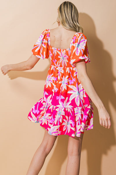 Orange and Pink Ombre Tropical Printed Puff Sleeve Dress
