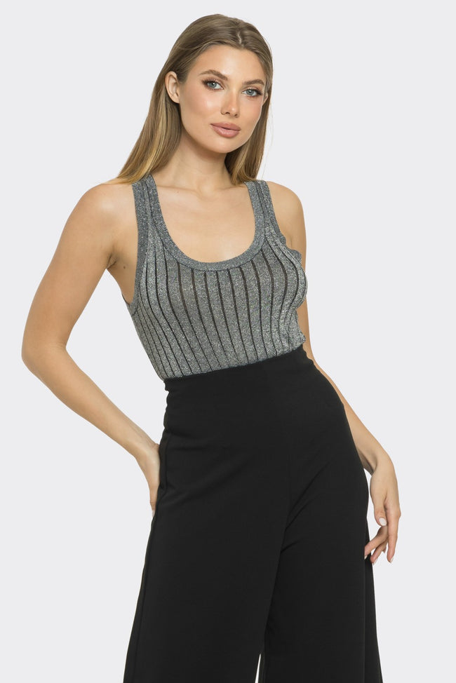 Silver Metallic Knit Cropped Tank Top