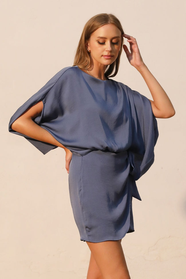 Storm Blue Washed Poly Silk Boat Neck Wrap Dress