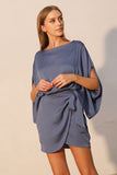 Storm Blue Washed Poly Silk Boat Neck Wrap Dress