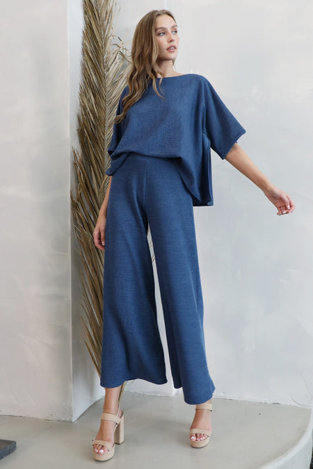 Navy Matte Crepe Pleated Wide Leg Pants