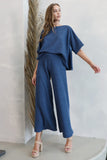 Storm Blue Ribbed Knit Wide Leg Pants