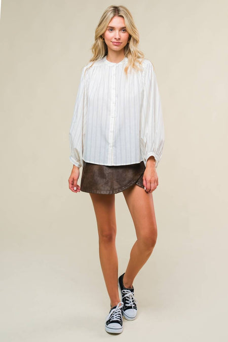 Brown Drop Shoulder Knit Top with Cream Contrast Stitching