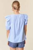 Sky Blue Striped Split V-Neck Ruffle Blouse