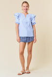 Sky Blue Striped Split V-Neck Ruffle Blouse