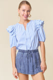 Sky Blue Striped Split V-Neck Ruffle Blouse