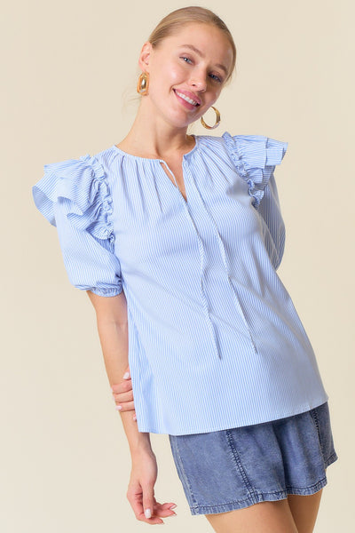 Sky Blue Striped Split V-Neck Ruffle Blouse