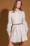 Cream and Brown Striped Woven Mini Dress with Belt