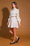 Cream and Brown Striped Woven Mini Dress with Belt