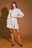 Cream and Brown Striped Woven Mini Dress with Belt