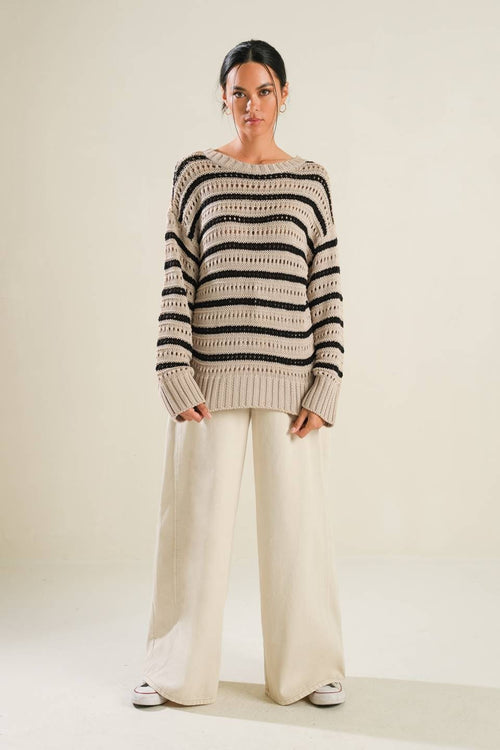 Beige and Black Striped Drop Shoulder Sweater