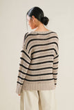 Beige and Black Striped Drop Shoulder Sweater