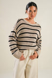 Beige and Black Striped Drop Shoulder Sweater