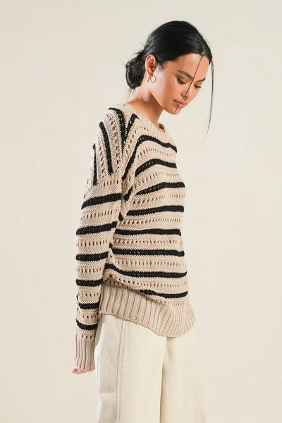 Beige and Black Striped Drop Shoulder Sweater