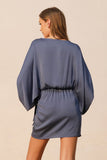 Storm Blue Washed Poly Silk Boat Neck Wrap Dress