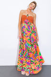 Orange Tropical Multi Print Maxi Dress with Crochet Halter Detail