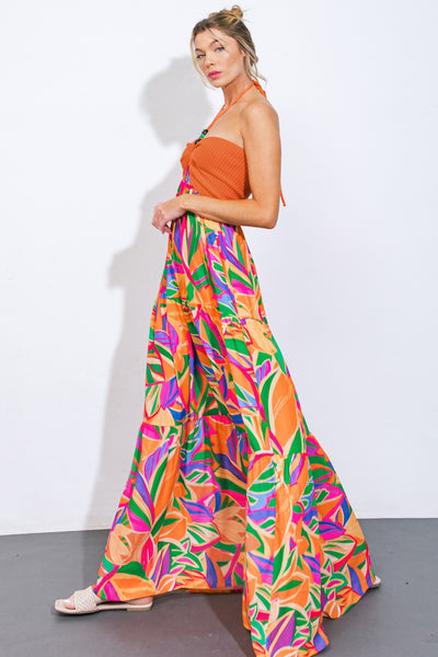 Orange Tropical Multi Print Maxi Dress with Crochet Halter Detail
