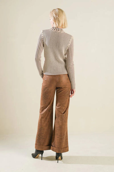 Natural & Brown Ribbed High Neck Sweater