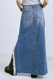 Light Indigo Washed Distressed Denim Midi Skirt