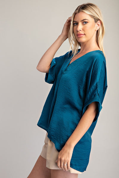 Teal V Neck High Low Blouse