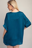 Teal V Neck High Low Blouse