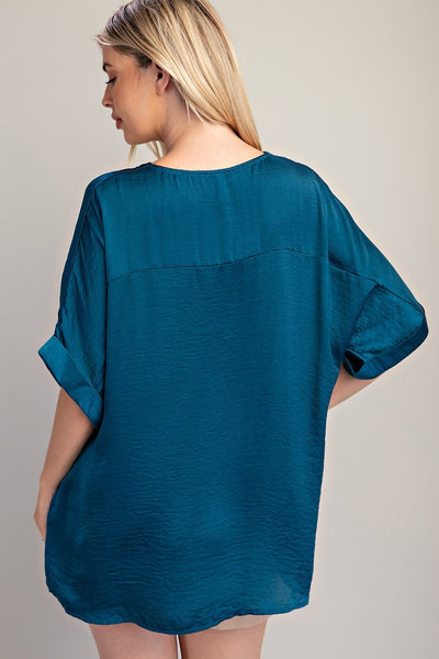 Teal V Neck High Low Blouse