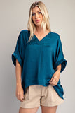 Teal V Neck High Low Blouse