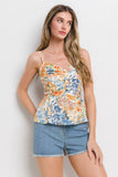 Teal Multi Tropical Floral Print Ruched Tank Top